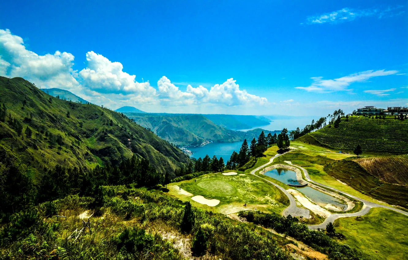 Photo wallpaper mountains, lake, Indonesia, panorama, Sumatra, Lake Toba