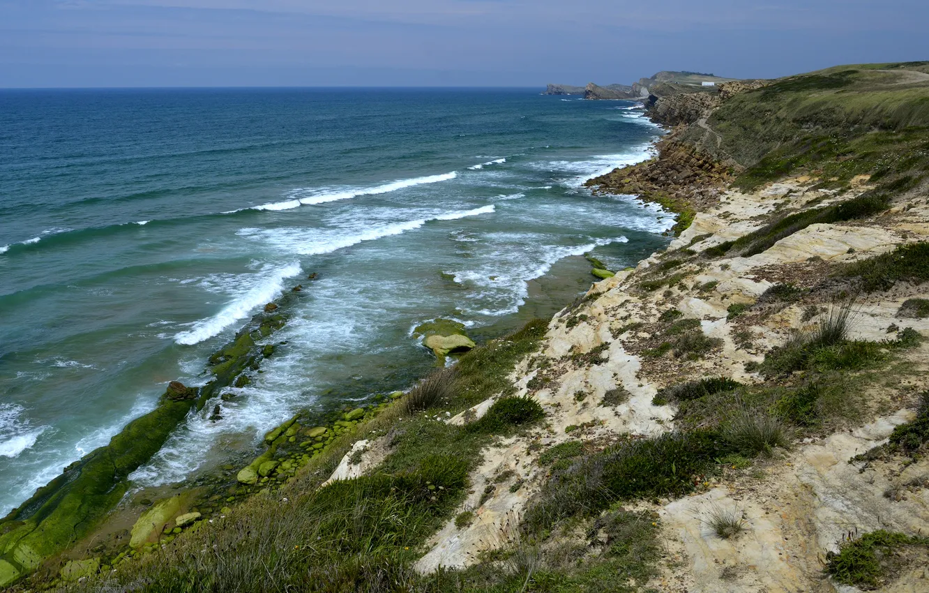Photo wallpaper sea, wave, the sky, grass, stones, rocks, shore, coast