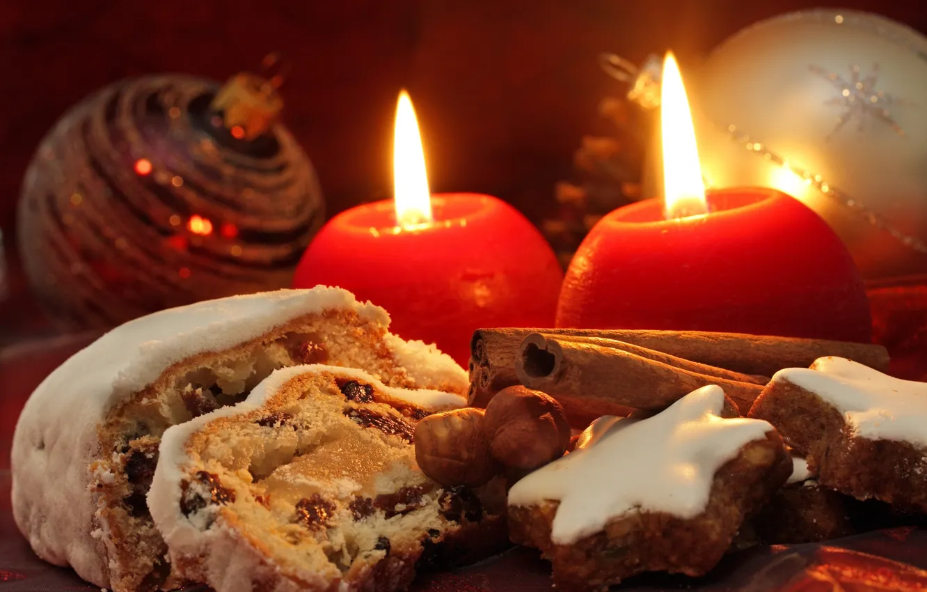 Photo wallpaper holiday, new year, food, candles, cookies, sweets, the scenery, nuts