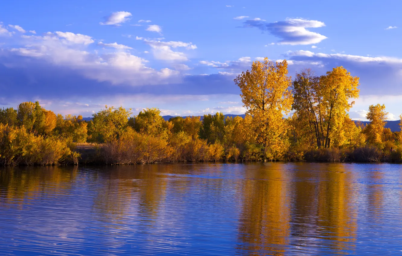 Photo wallpaper autumn, forest, the sky, clouds, trees, mountains, lake, reflection