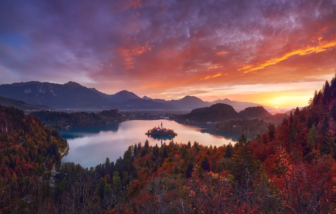 Photo wallpaper autumn, forest, sunset, lake, view, Church