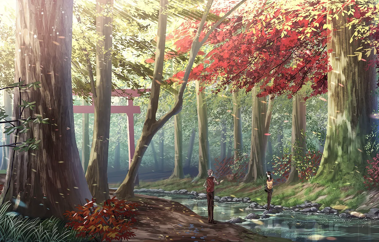 Photo wallpaper stones, two, Sunny day, autumn forest, torii, forest stream, the guy with the girl