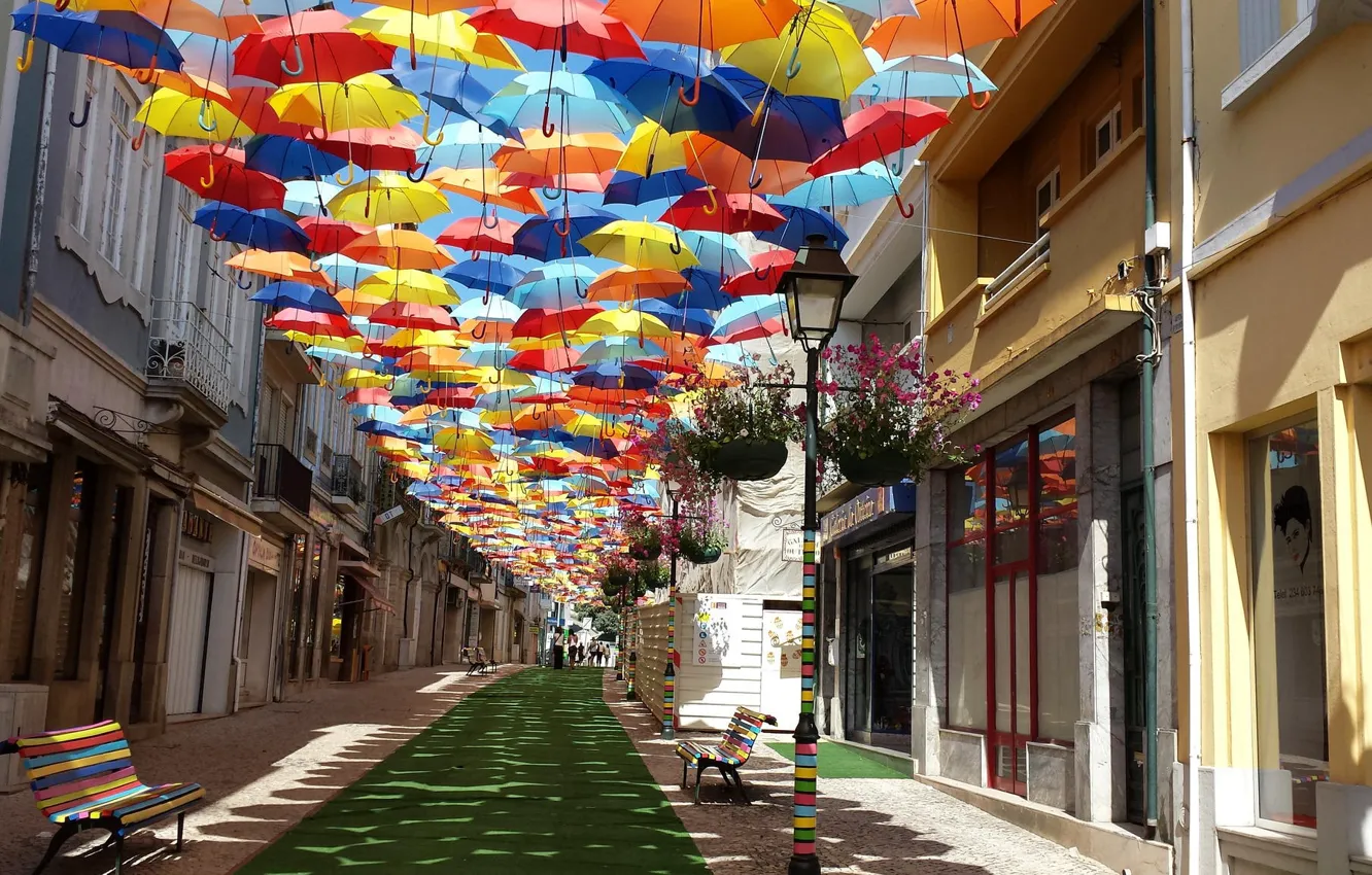 Photo wallpaper summer, the city, street, home, umbrellas, Portugal