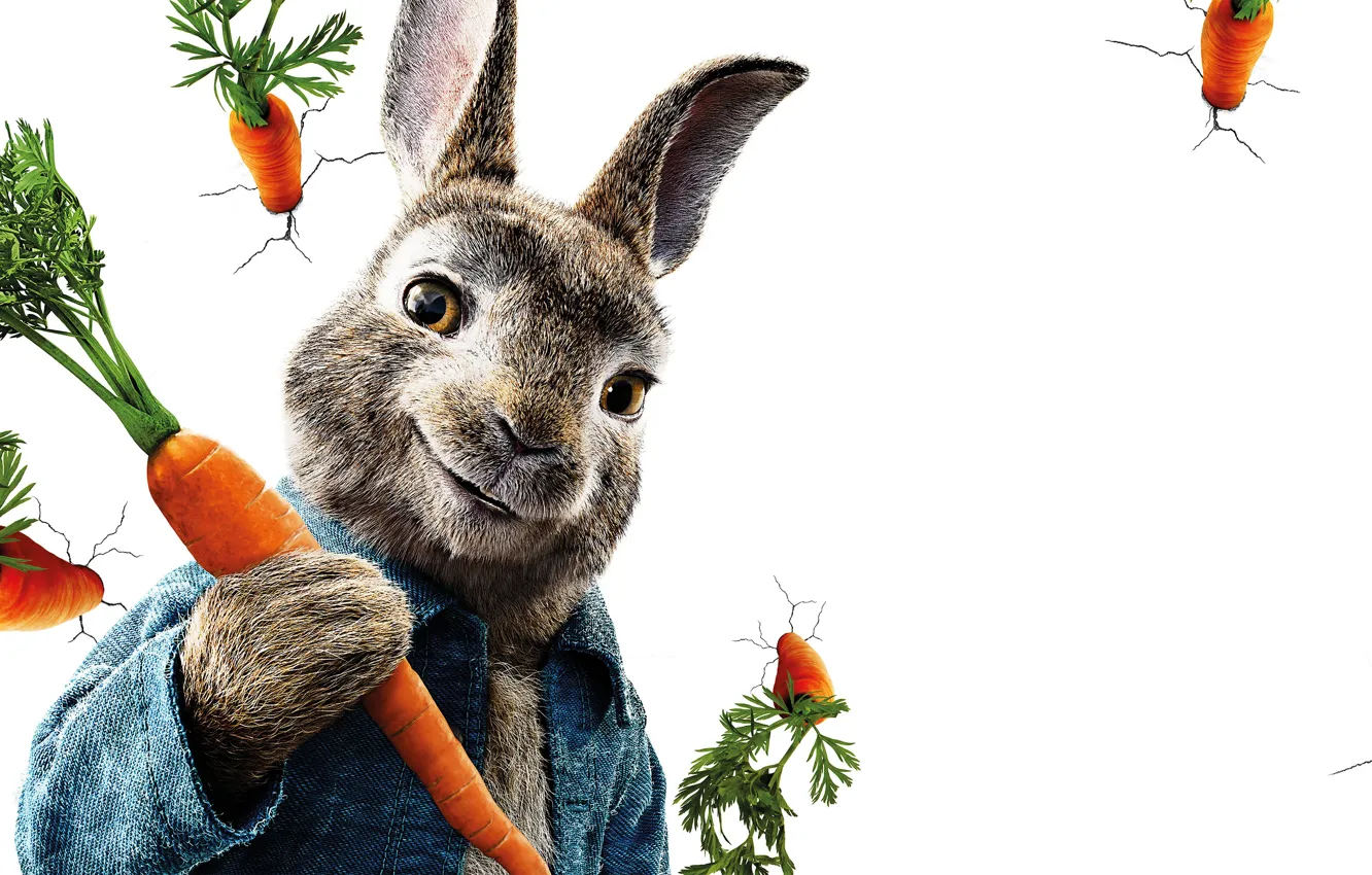 Photo wallpaper cracked, wall, cartoon, rabbit, white background, poster, carrots, Peter Rabbit