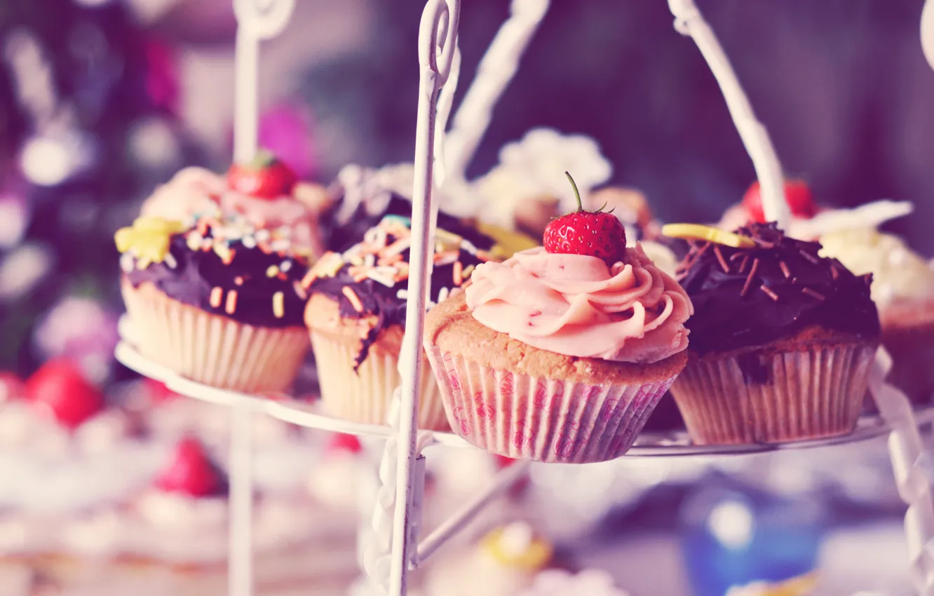 Photo wallpaper chocolate, strawberry, cake, cream, sweet, cupcake