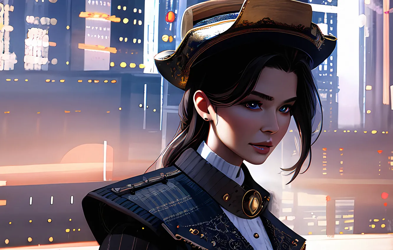 Photo wallpaper skyscrapers, costume, hat, uniform, beautiful girl, blue-eyed brunette, AI art, Stable Diffusion