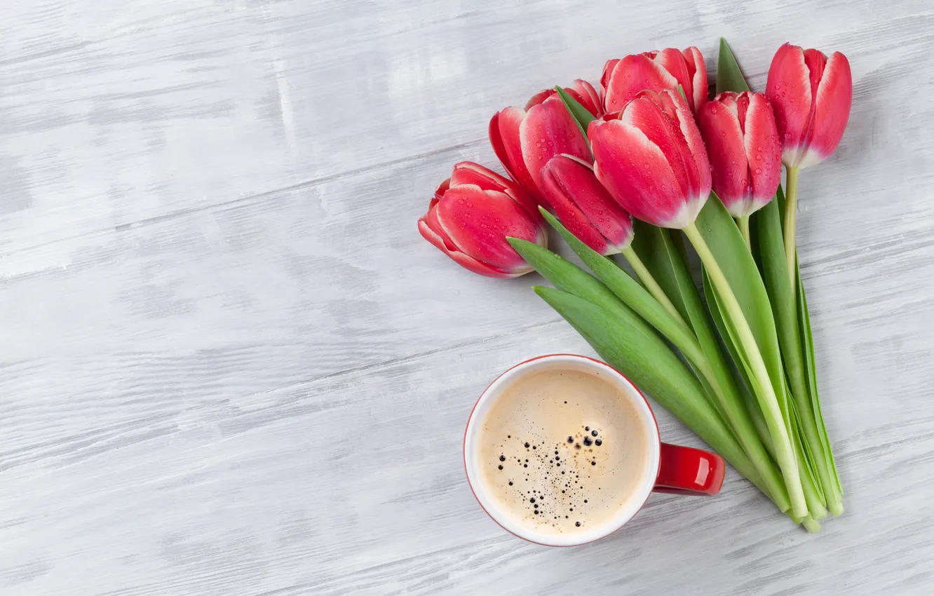 Photo wallpaper flowers, red, bouquet, tulips, red, wood, flowers, romantic