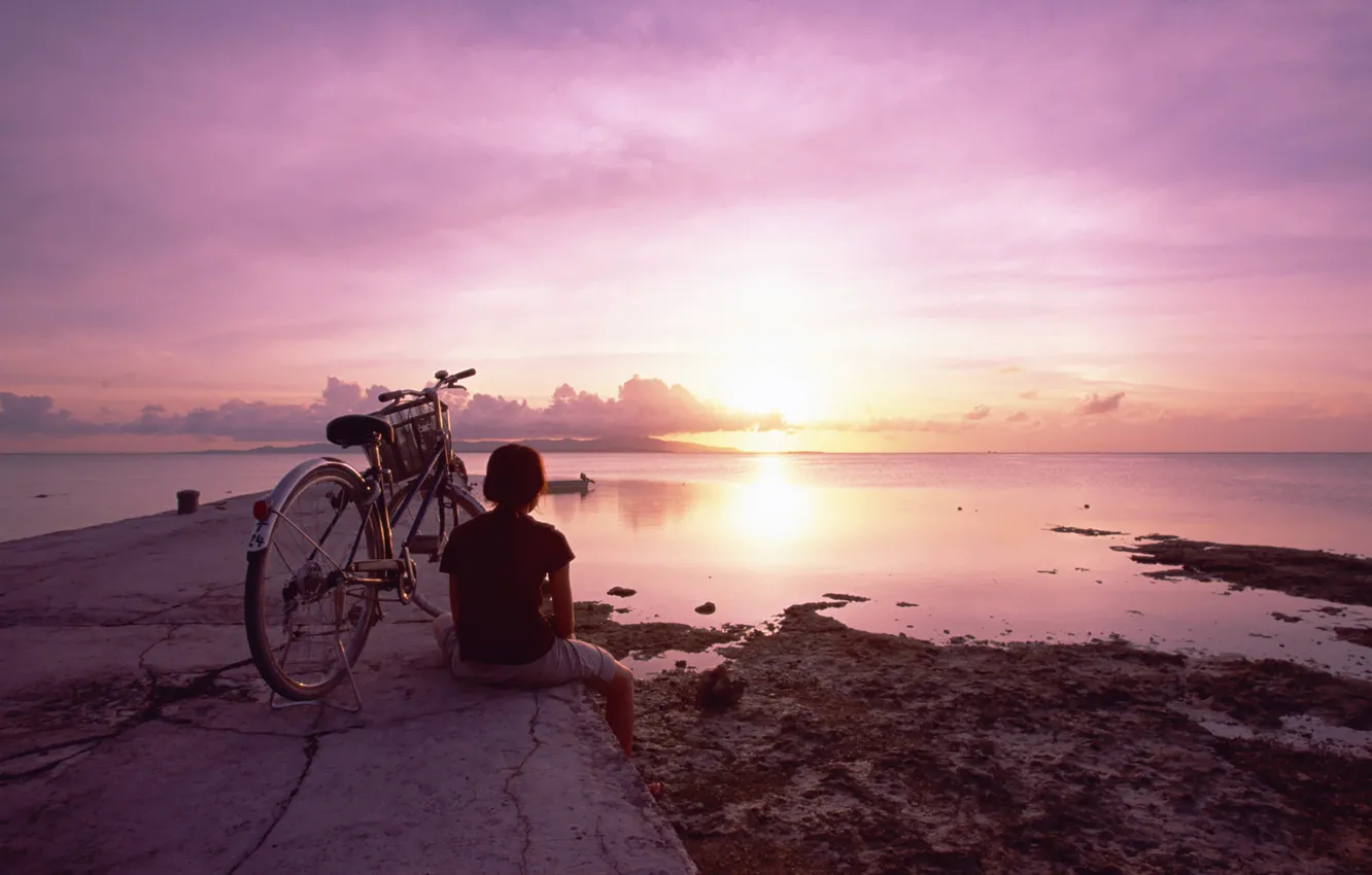 Photo wallpaper sea, the sky, girl, sunset, bike