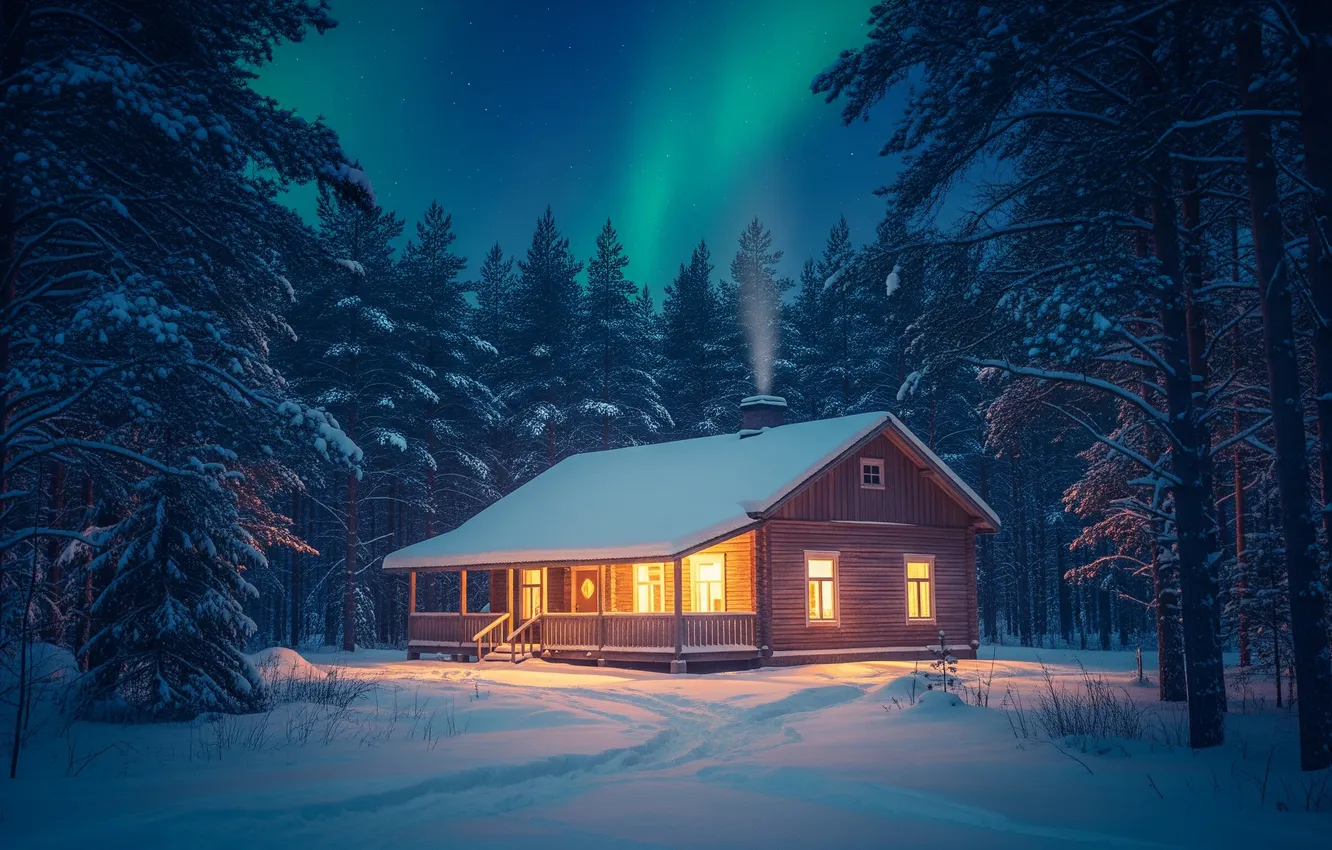Photo wallpaper winter, forest, snow, art, house