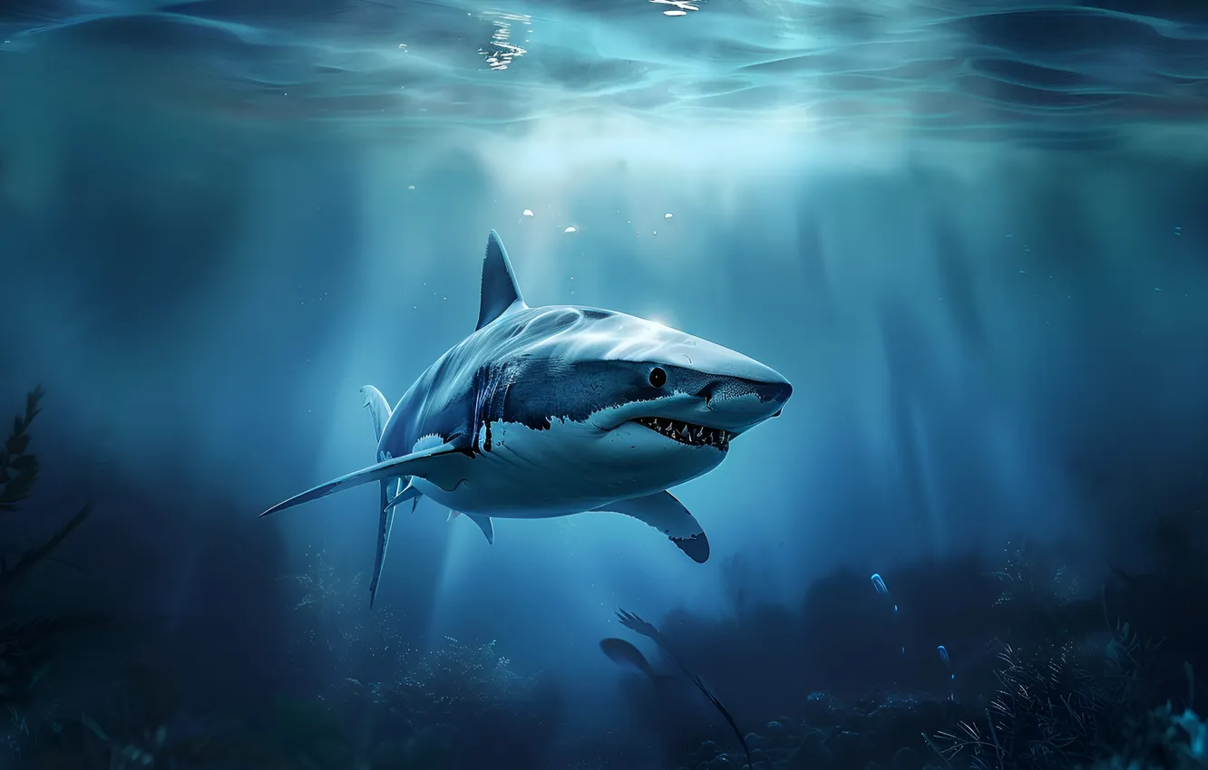 Photo wallpaper predator, shark, teeth, underwater world, digital art, AI art, The Art of Artificial Intelligence, neural …