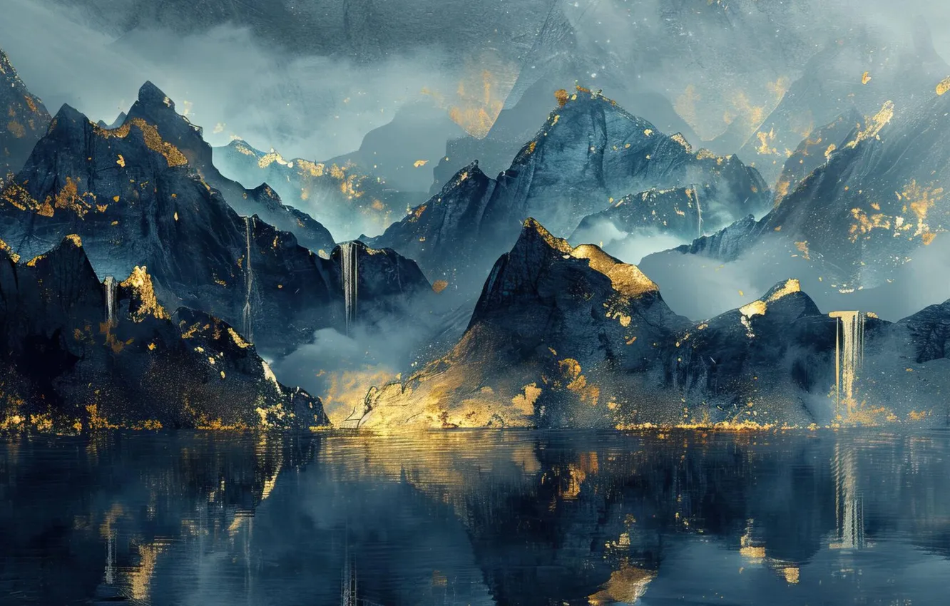 Photo wallpaper river, water, mountains, reflection, artwork