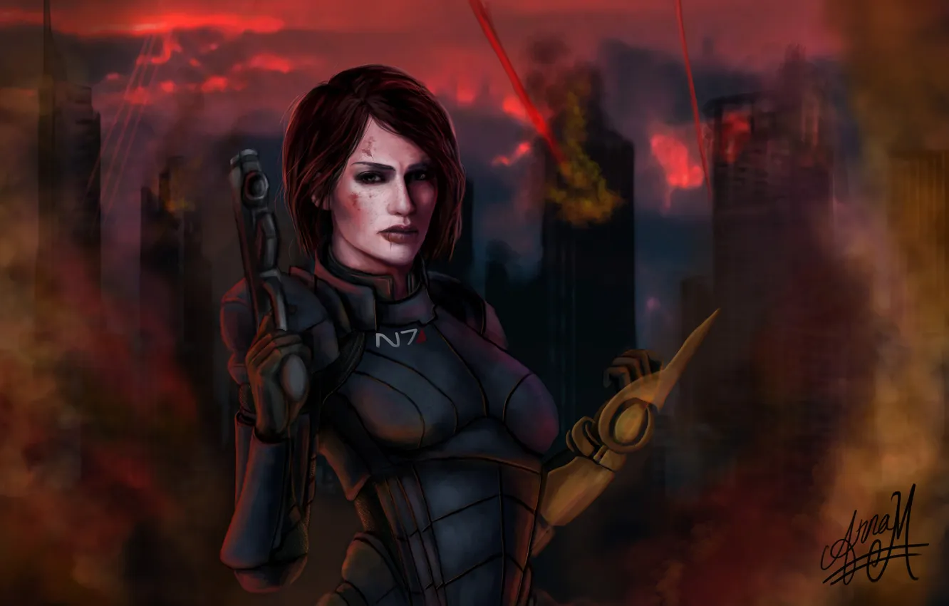 Photo wallpaper look, girl, the city, weapons, costume, destruction, mass effect, art