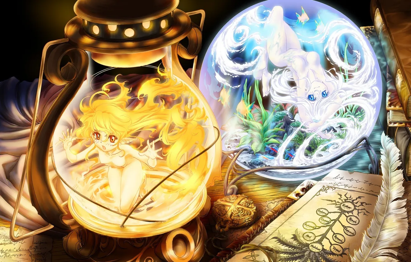 Photo wallpaper chest, girl, fish, magic, anime, feathers, art, medallion