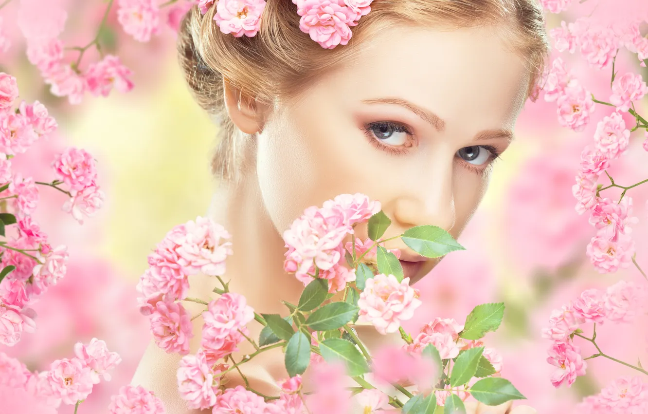 Photo wallpaper look, leaves, girl, flowers, branches, face, spring, garden