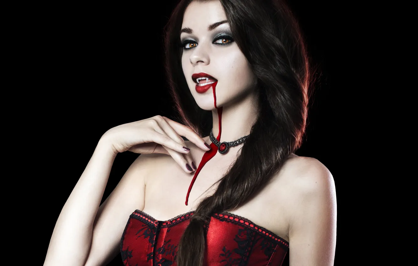 Photo wallpaper look, girl, blood, hair, makeup, corset, black background, red lips