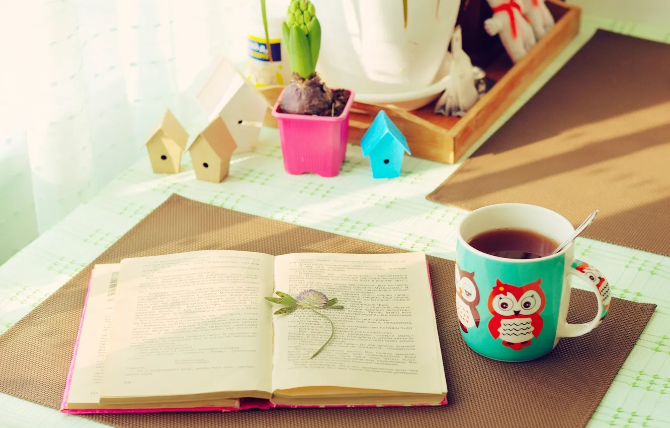 Photo wallpaper table, mood, mug, book