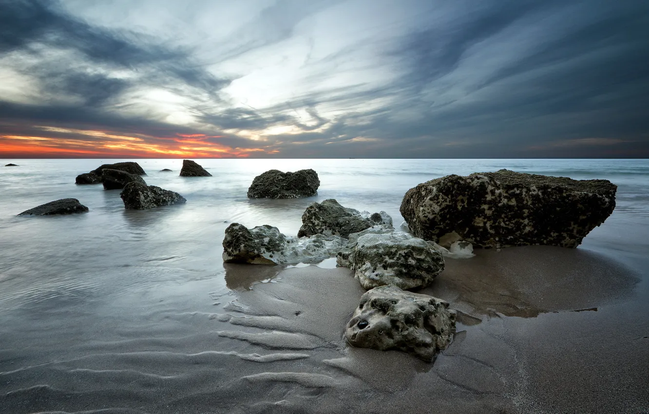 Photo wallpaper sea, landscape, night, stones
