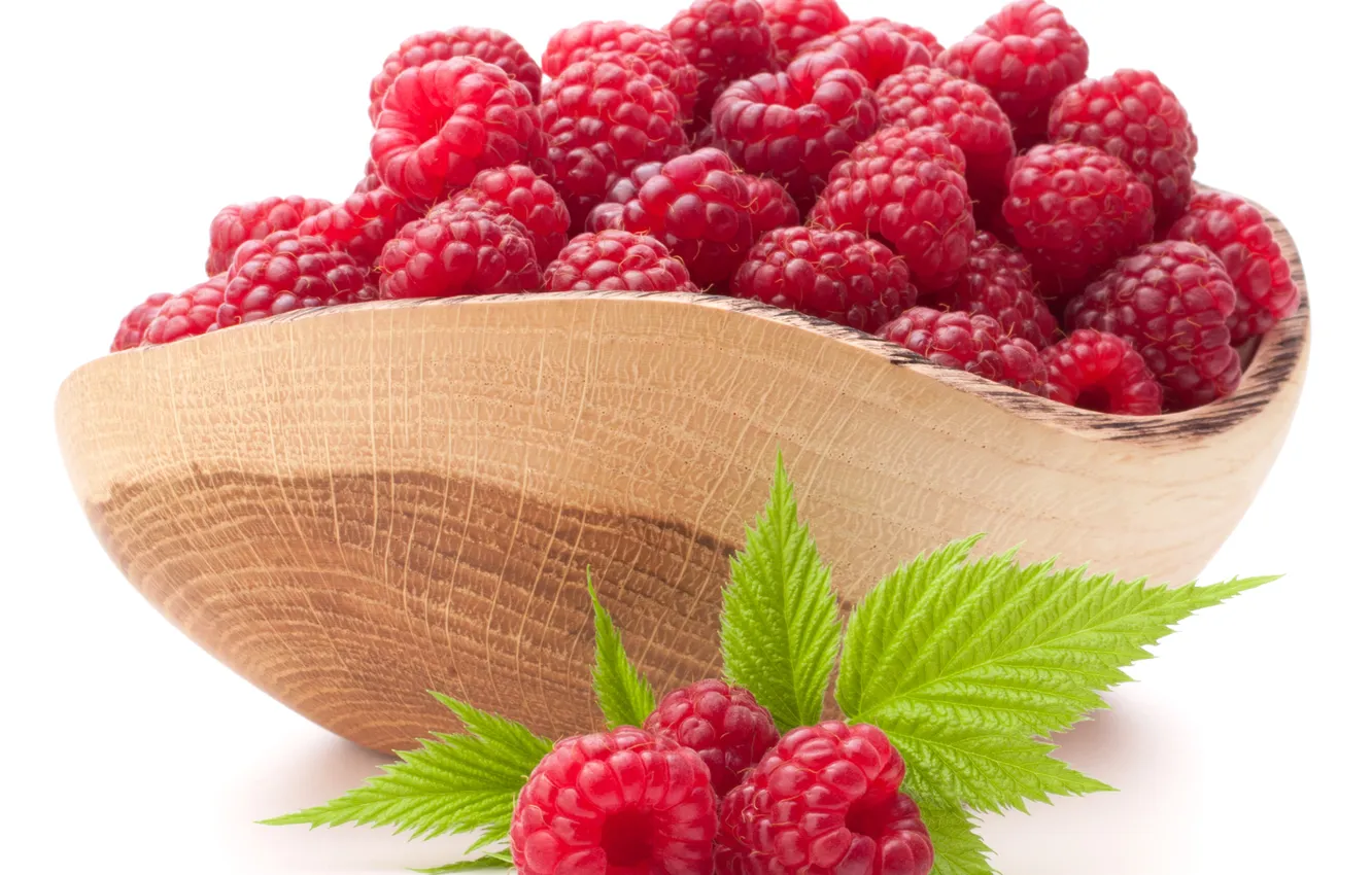 Photo wallpaper leaf, bowl, leaves, Malinka, raspberries, bowl, fresh berries, fresh berries