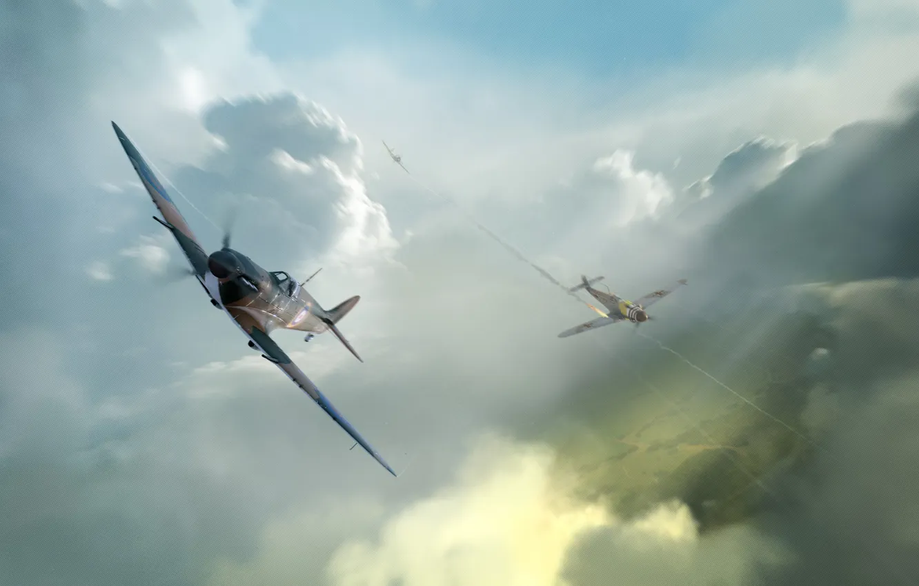 Photo wallpaper the sky, clouds, lights, flame, earth, smoke, chase, fighter