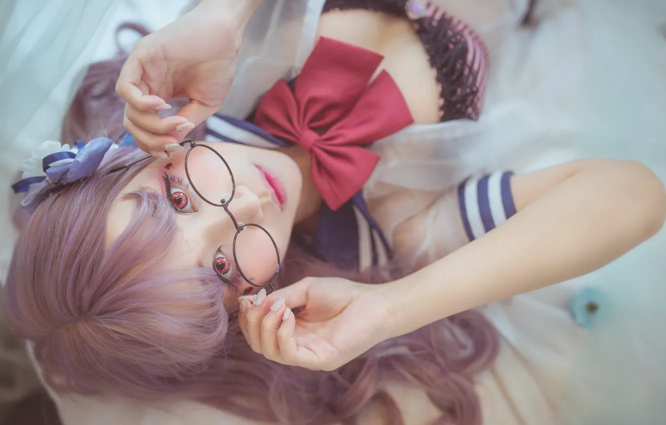 Photo wallpaper chest, eyes, look, girl, close-up, face, pose, eyelashes