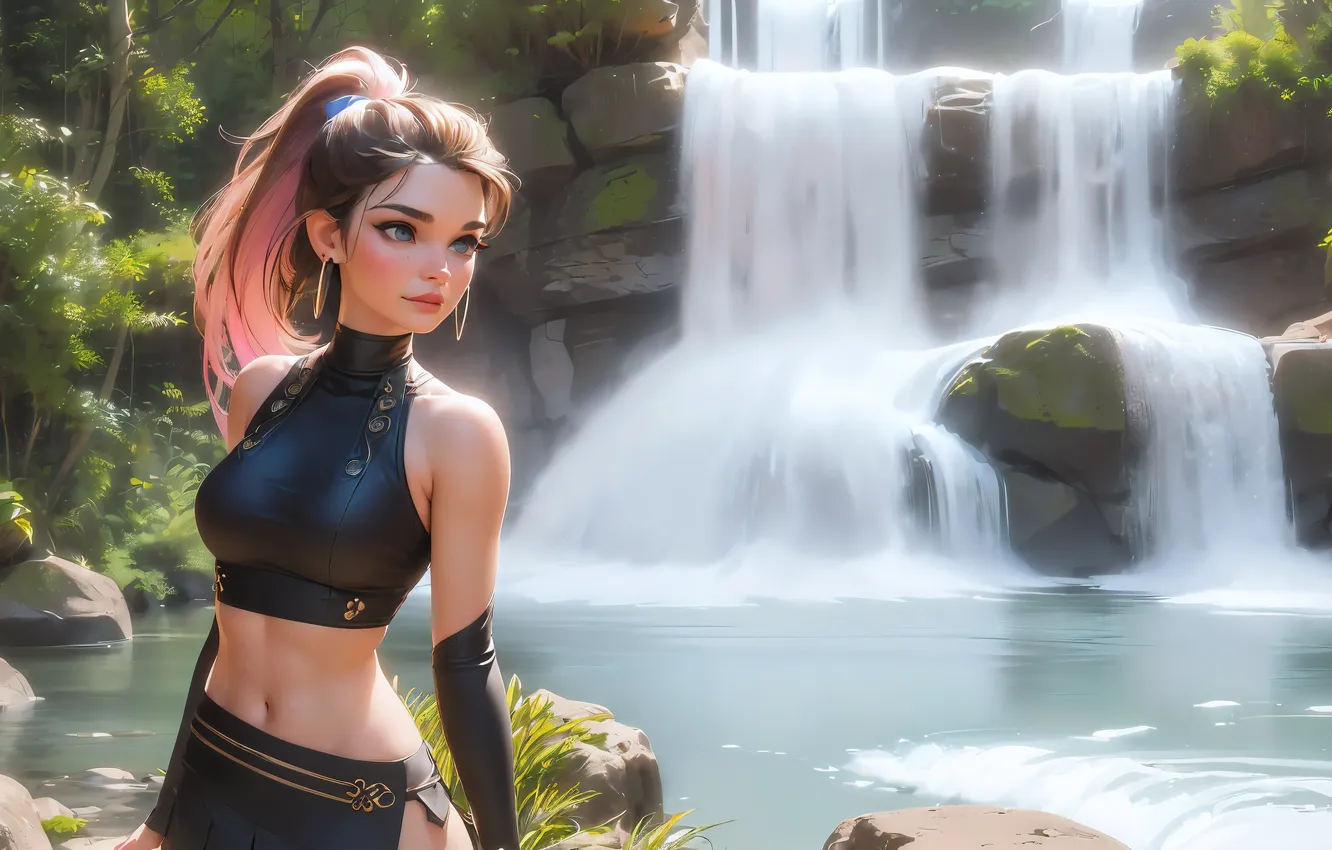 Photo wallpaper blue eyes, brunette, anime girls, short shorts, crop top, AI Art, THong