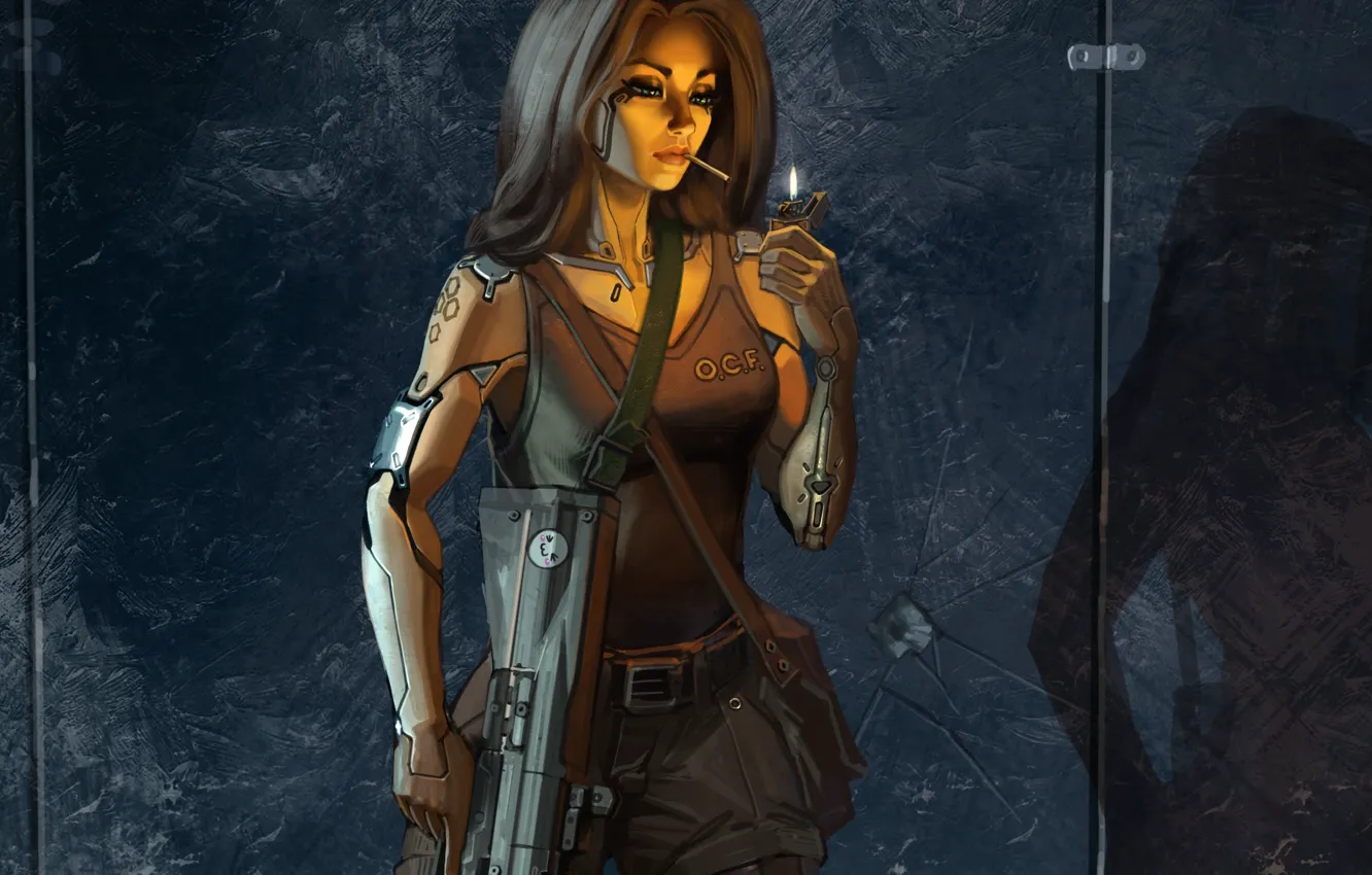 Photo wallpaper girl, lighter, cigarette, machine, cyborg, smokes, mercenary