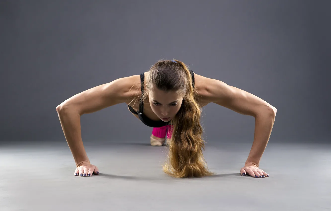 Photo wallpaper girl, sport, brown hair, fitness, on the floor, pressed, training, pushups