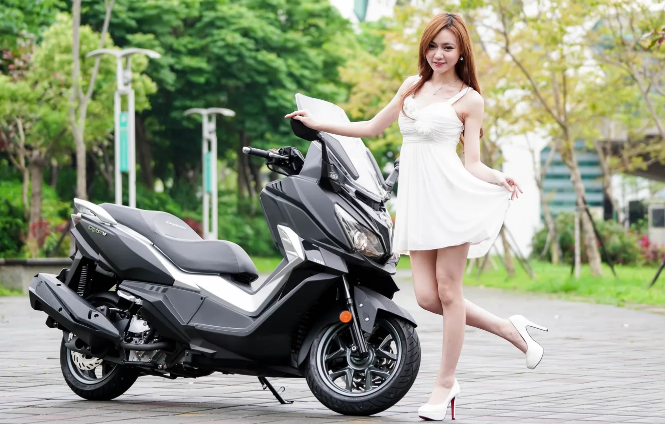 Photo wallpaper look, girl, Asian, beautiful girl, scooter, SYM CRUiSYM 300i, posing on scooter