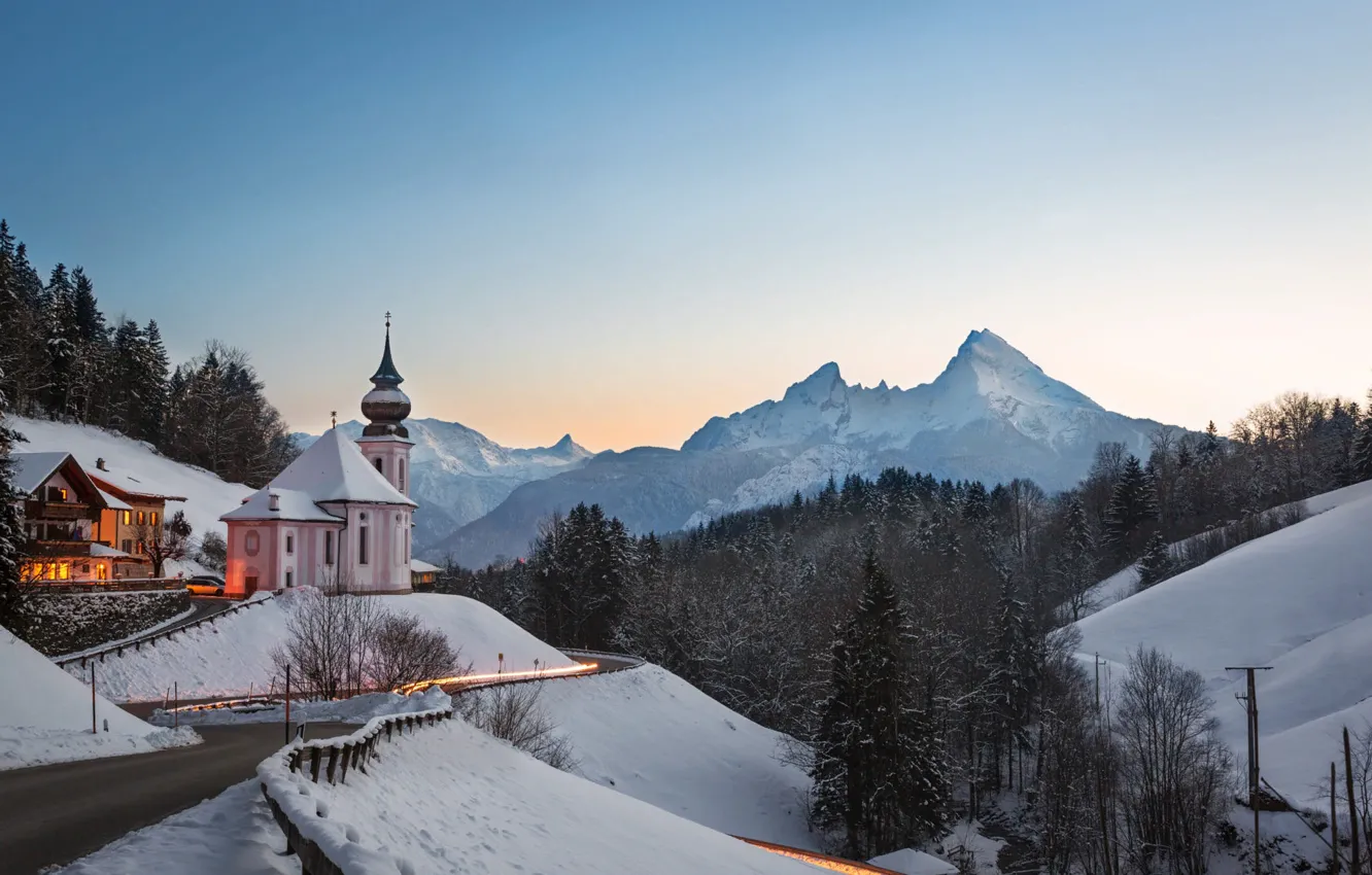 Photo wallpaper winter, road, snow, mountains, Germany, Bayern, Church, forest