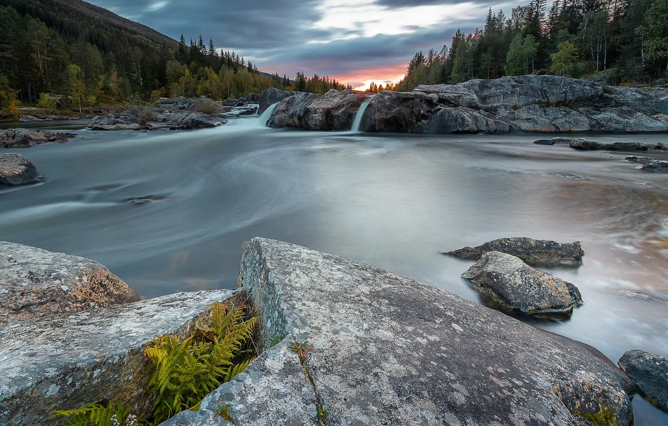Photo wallpaper trees, sunset, river, stones, waterfall, Norway, Norway, Gul