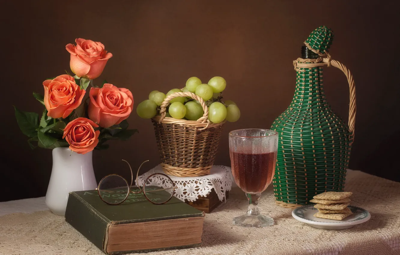 Photo wallpaper wine, roses, glasses, grapes, book