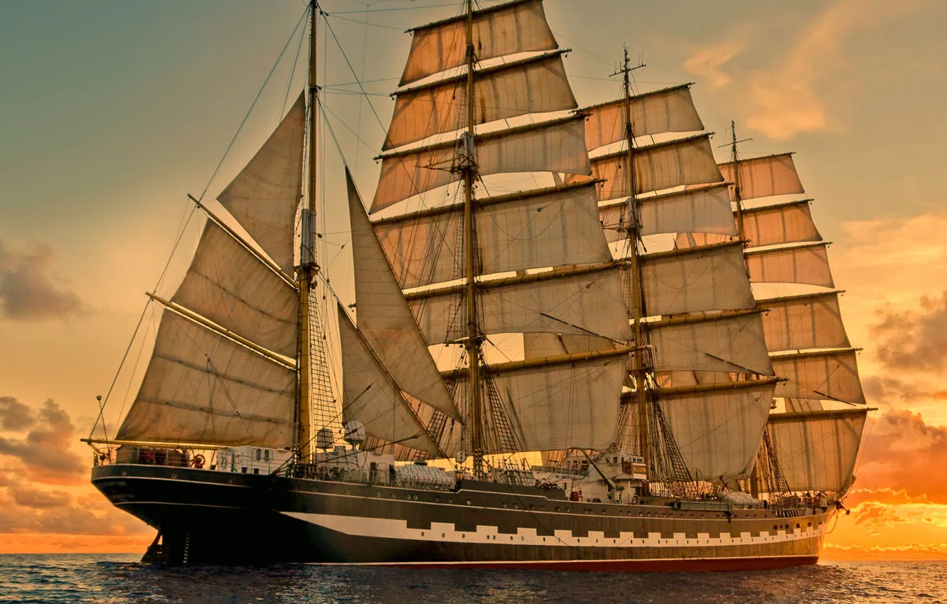 Photo wallpaper sea, the evening, Kruzenshtern, bark