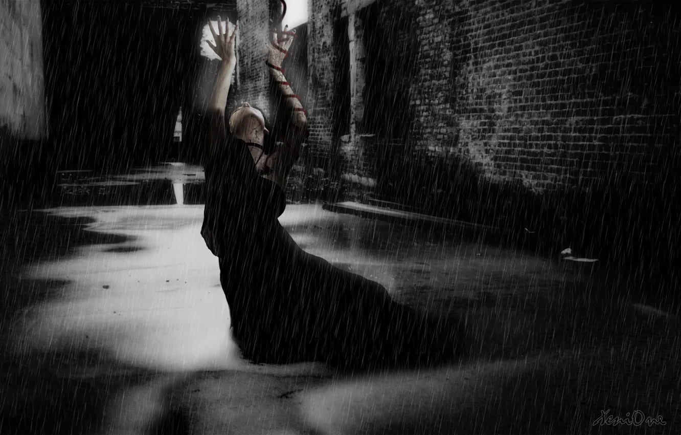 Photo wallpaper wall, woman, puddles, twilight, The shower, obsessed