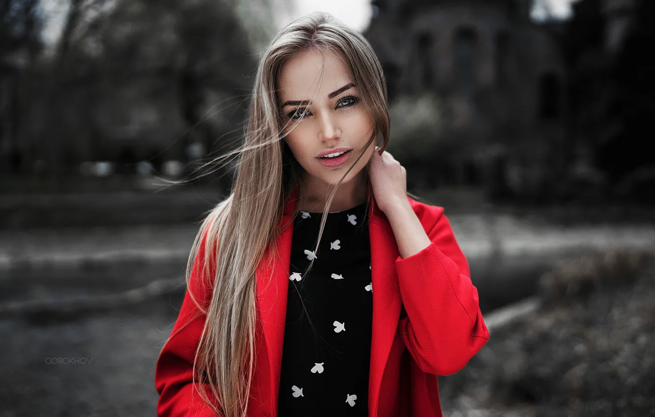 Photo wallpaper red, girl, view, model, beauty, coat, nice, Mary Jane