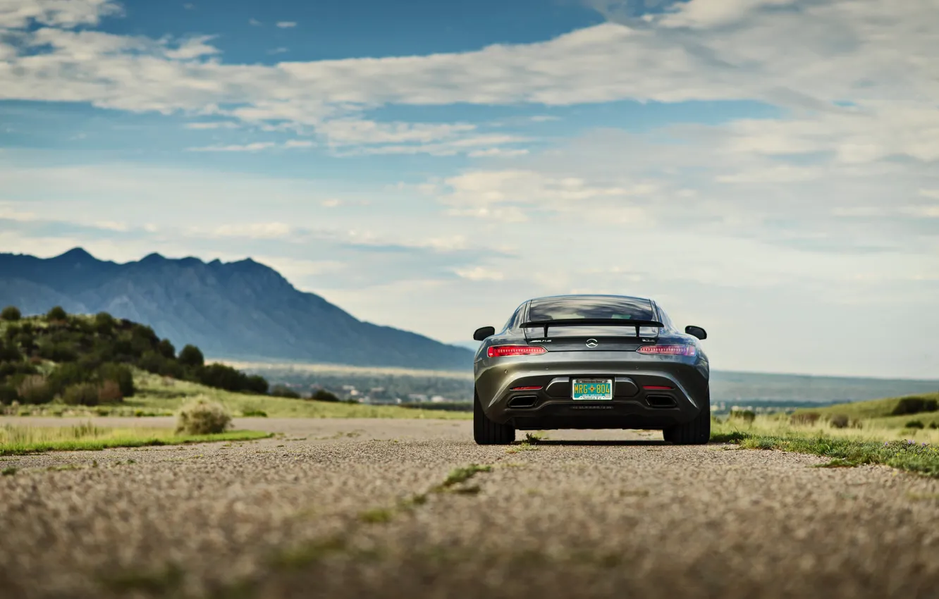 Photo wallpaper road, the sky, clouds, mountains, Mercedes-Benz, back, GTS, tail lights