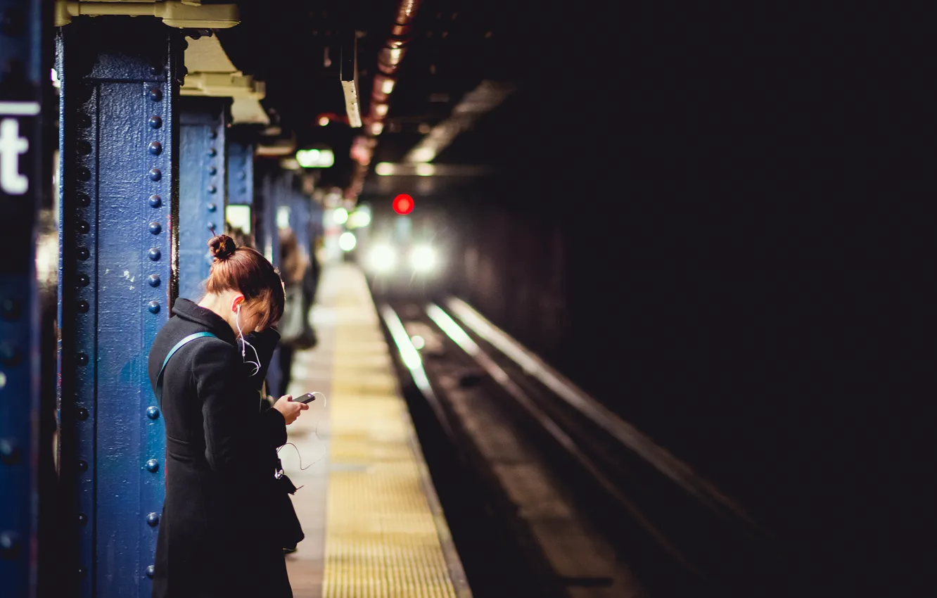 Photo wallpaper girl, metro, train, headphones