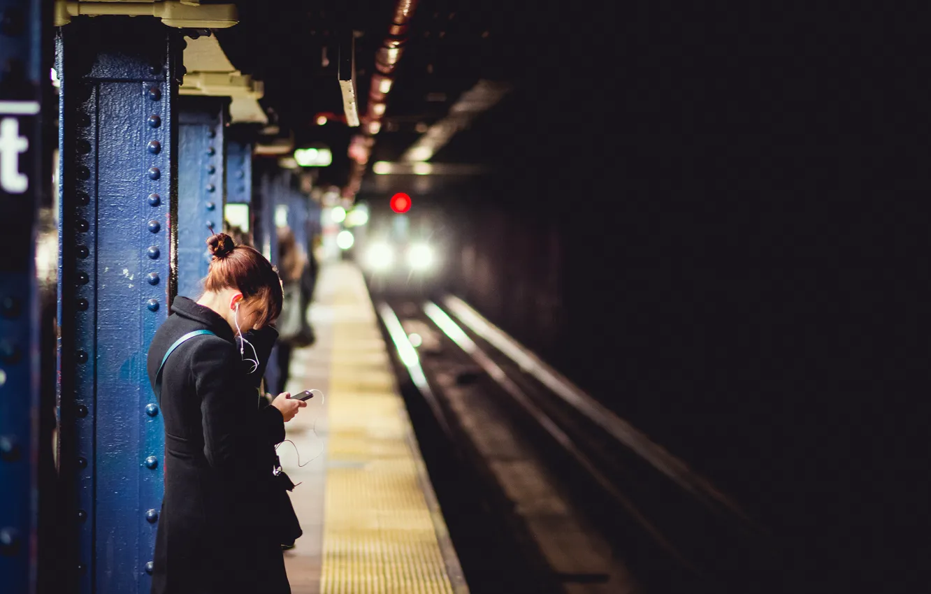 Photo wallpaper girl, train, headphones, Metro