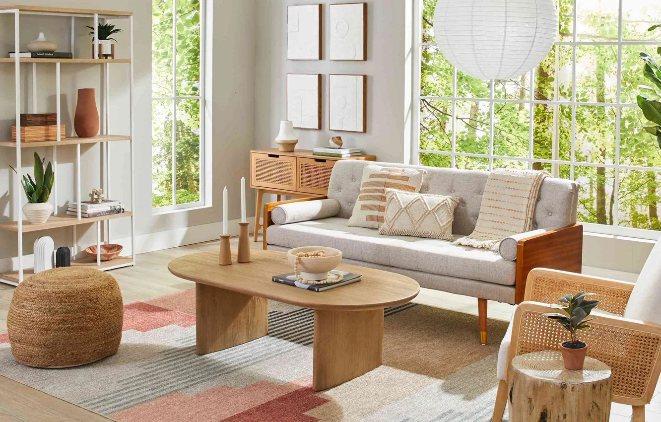 Photo wallpaper design, style, room, interior, upholstered furniture, Cozy living room, minimalist living room idea