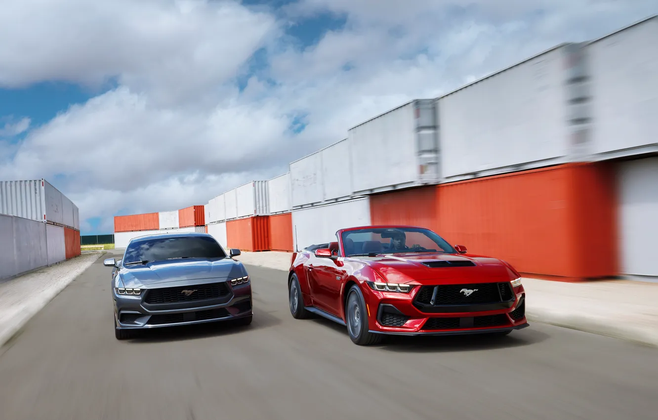 Photo wallpaper Mustang, Ford, red, grey, 2024, Ford Mustang GT Convertible, Ford Mustang EcoBoost