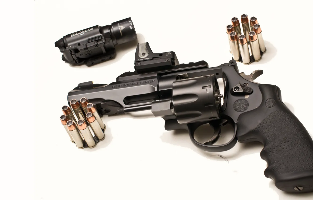 Photo wallpaper gun, optics, white background, cartridges, revolver, sight, drum, Smith &ampamp; Wesson