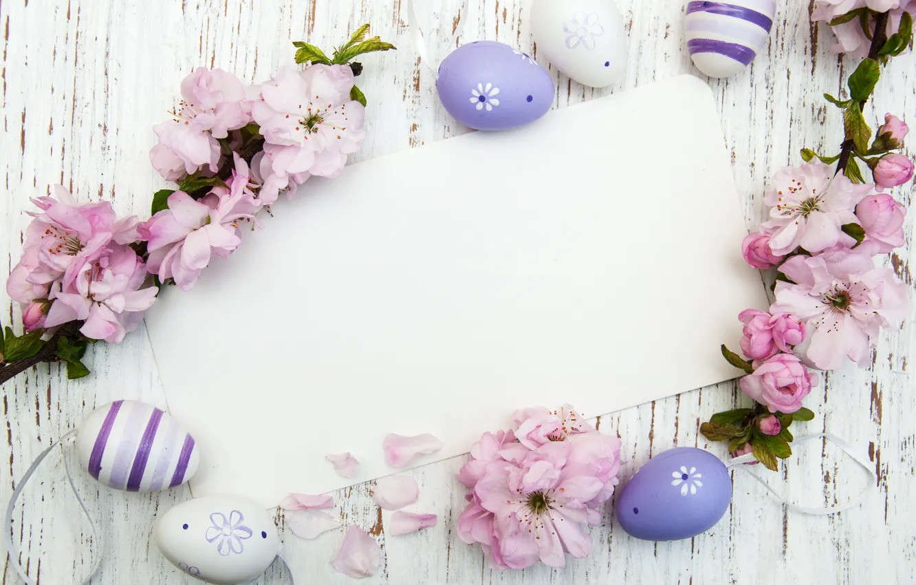 Photo wallpaper flowers, eggs, spring, colorful, Easter, wood, pink, blossom