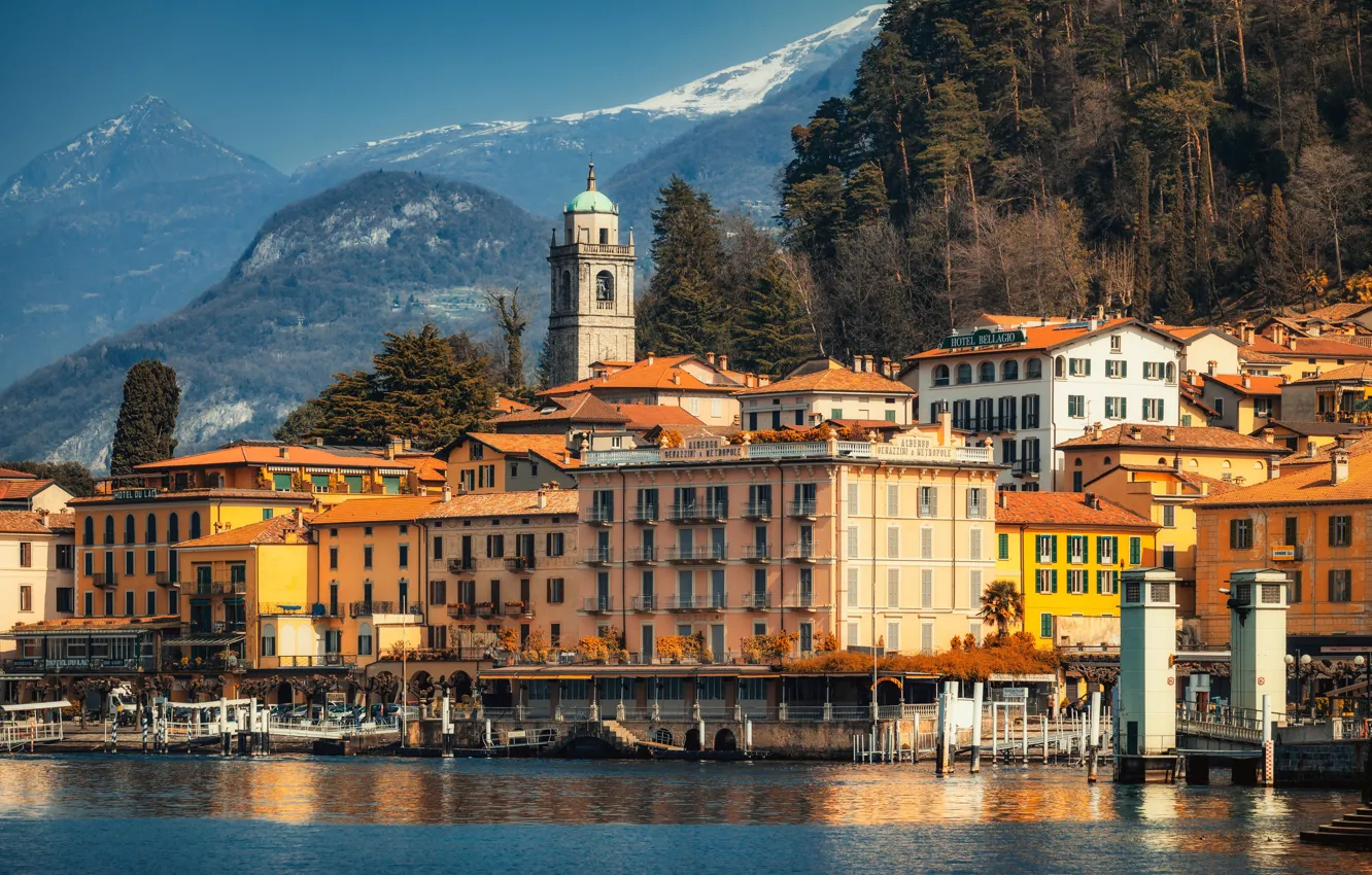 Photo wallpaper trees, lake, building, tower, home, Italy, Italy, lake Como