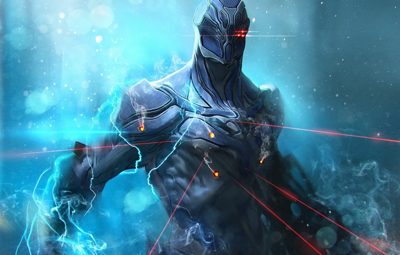Photo wallpaper lightning, smoke, being, art, laser, hole, armor, sight