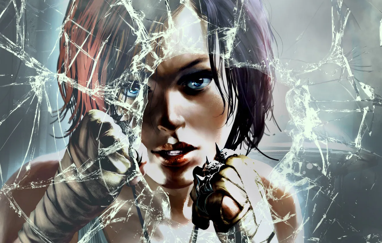 Photo wallpaper glass, girl, broken glass, beautiful girl, melee, Combat girl, hand to hand combat