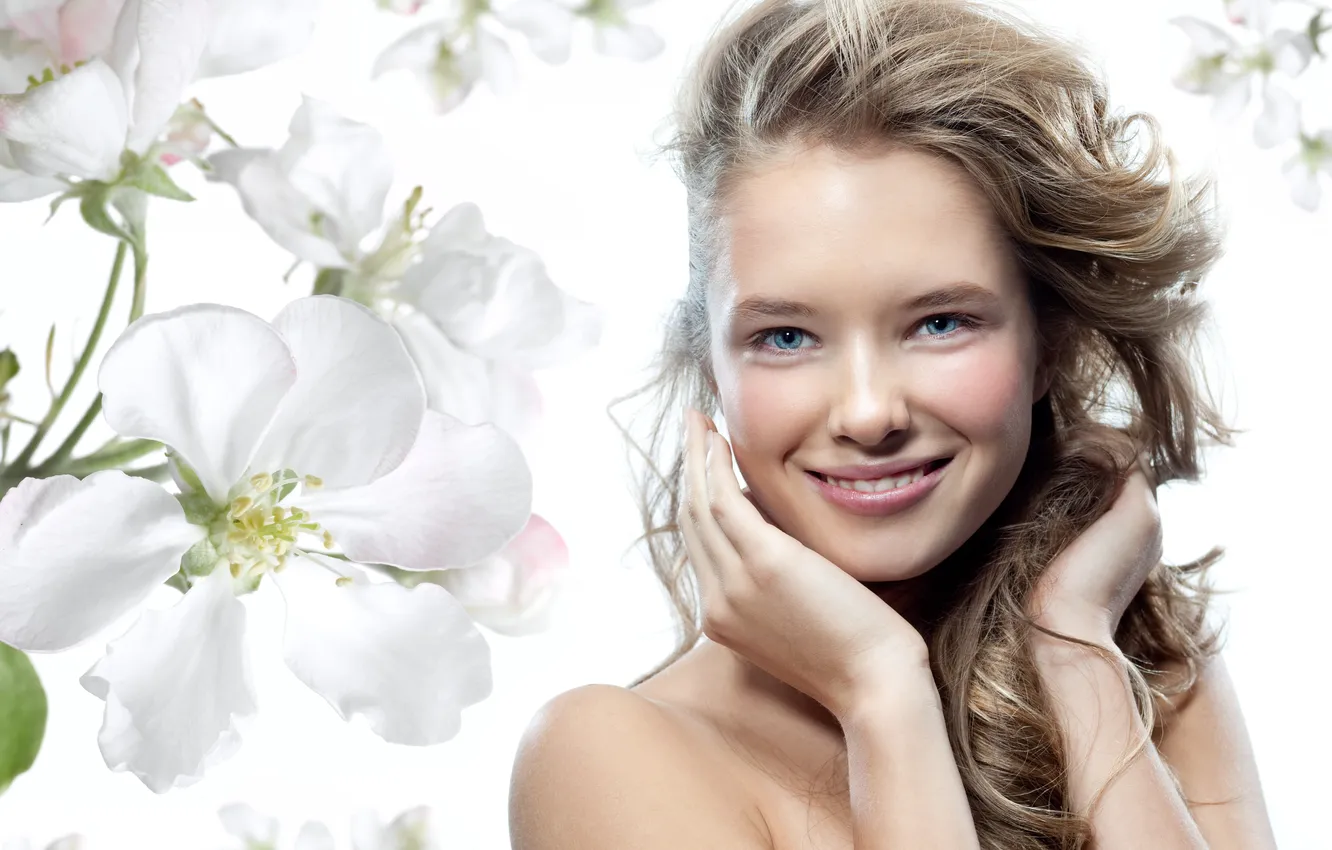 Photo wallpaper girl, flowers, smile, white, blue-eyed, Rus