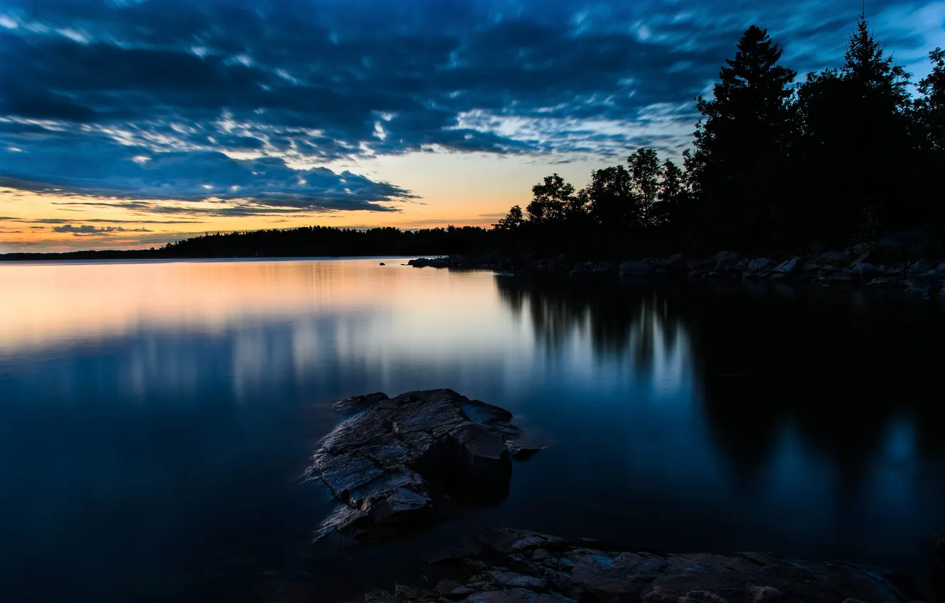 Photo wallpaper forest, lake, stones, the evening, twilight