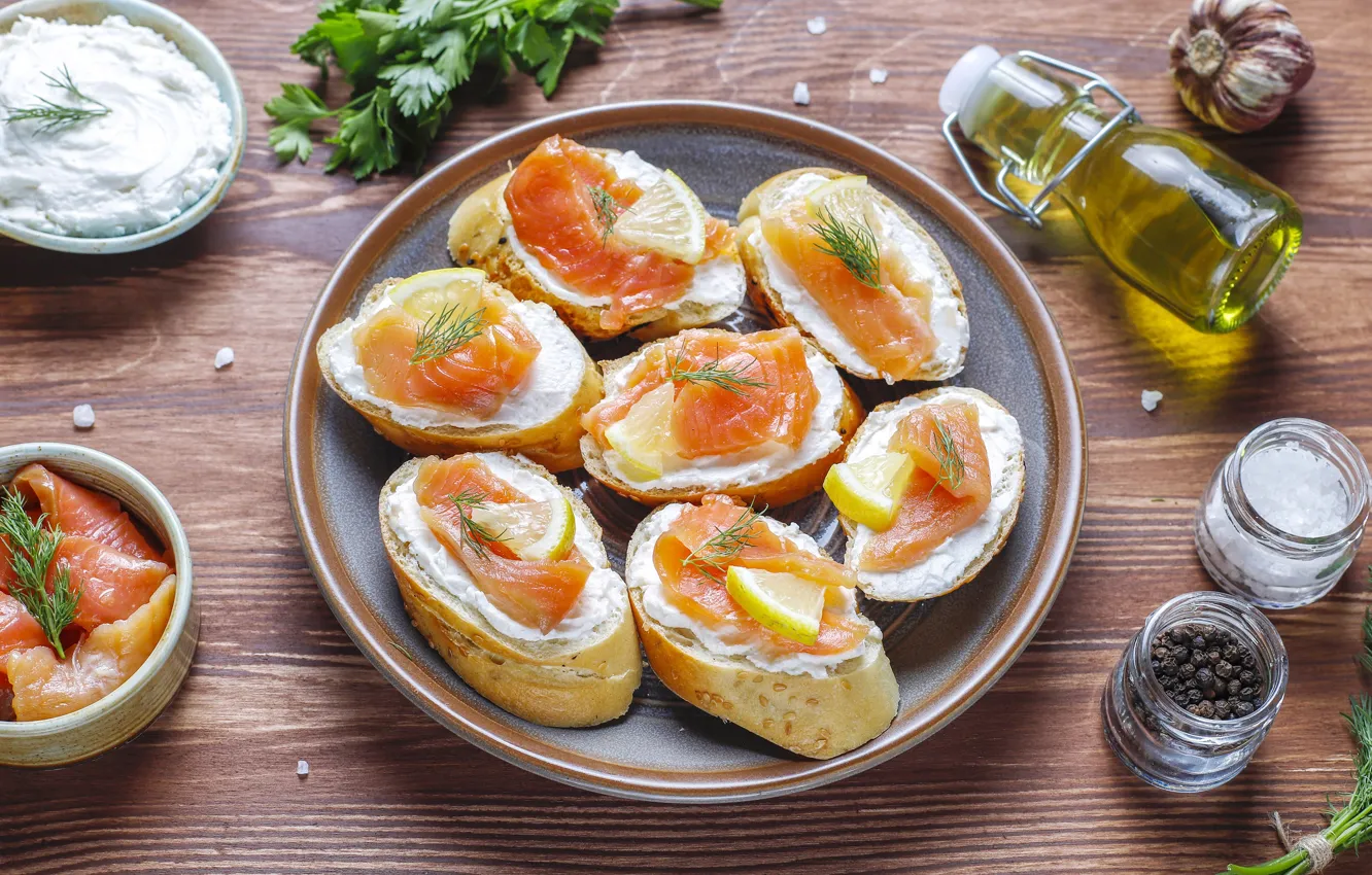 Photo wallpaper lemon, fish, cheese, sandwiches, red fish