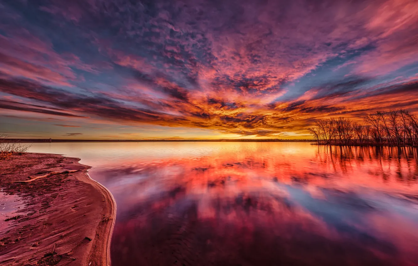 Photo wallpaper the sky, clouds, trees, lake, dawn, shore, Colorado, Chatfield State Park