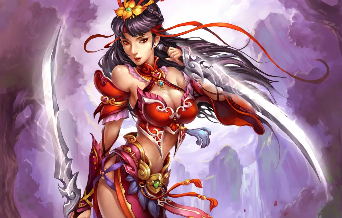 Photo wallpaper girl, trees, weapons, sword