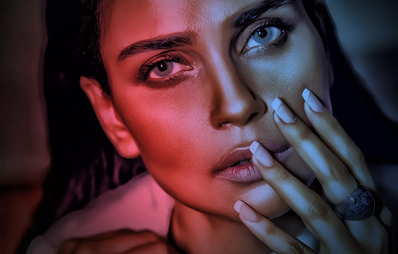 Photo wallpaper light, red, girl, blue, model, beauty, face, brunette
